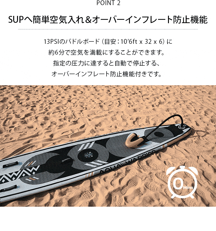 SUPへ簡単空気入れ＆オーバーインフレート防止機能