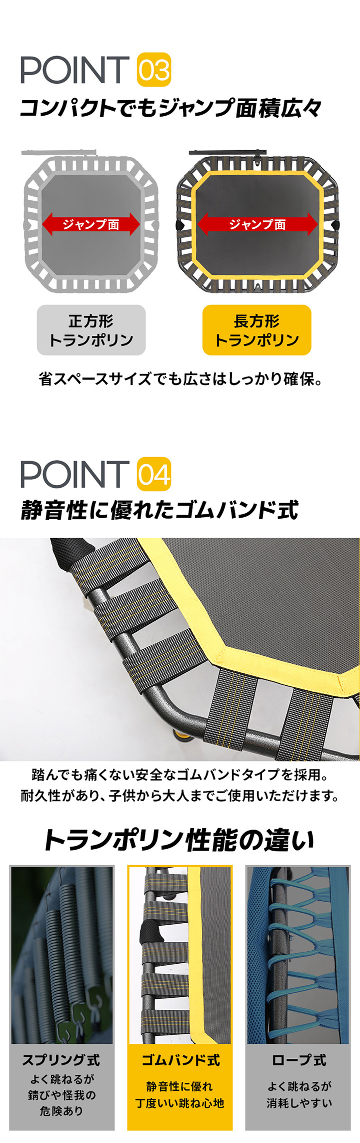 コンパクトでもジャンプ面積広々、静音性に優れたゴムバンド式
