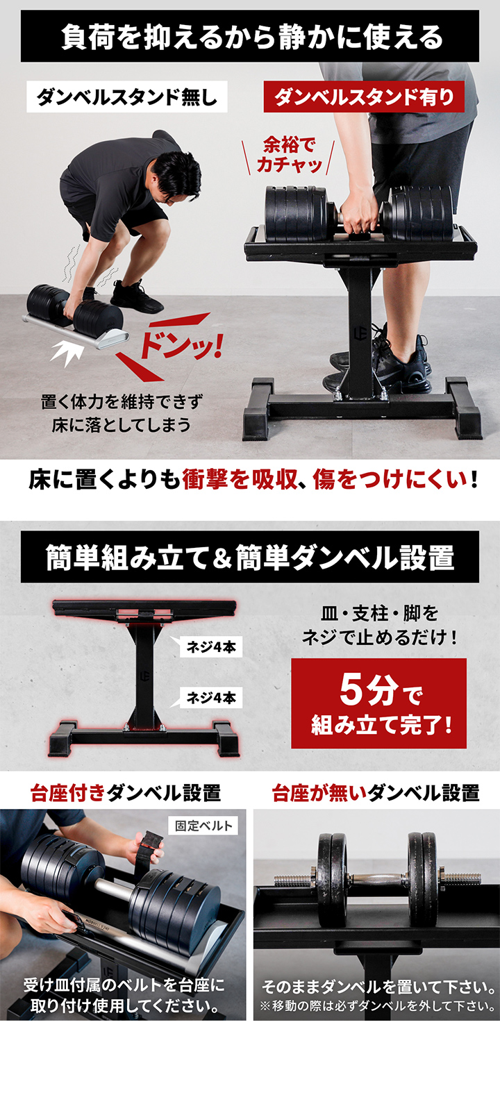 負荷を抑えるから静かに使える、簡単組み立て設置