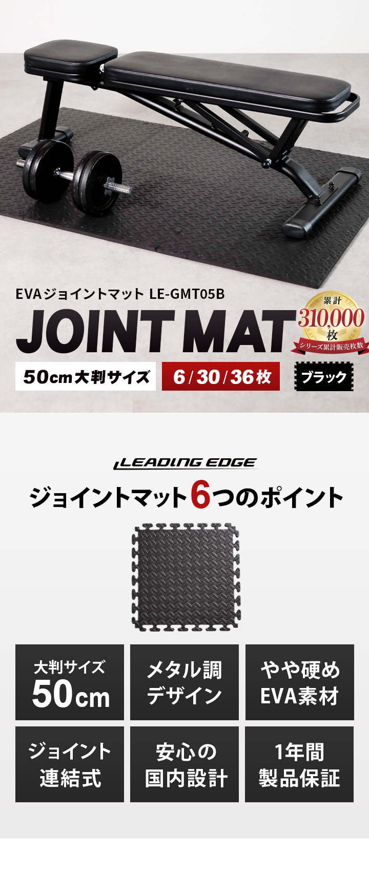 リーディングエッジ leadingedge トレーニング ジョイントマット 60cm ブラック 黒 LE-GMT06 メタル 鉄板風 床保護 大判サイズ 静か 宅トレ クッション素材 海外風