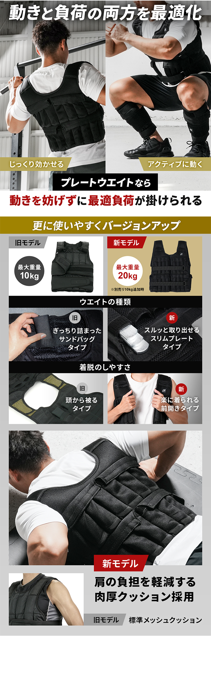 プレートウエイトなら動きを妨げずに最適負荷がかけられる