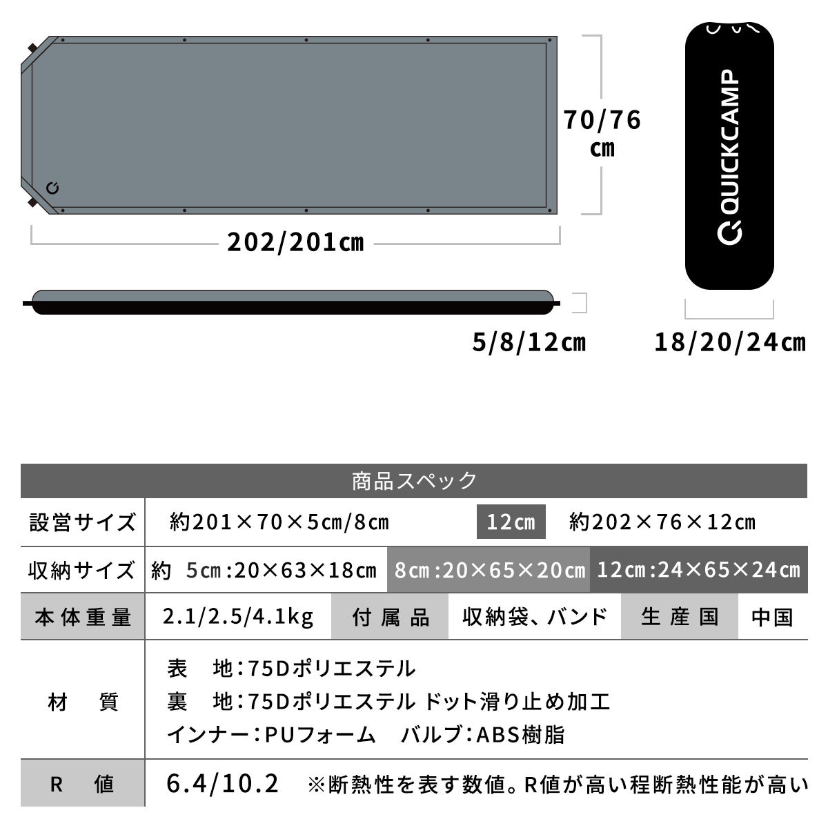 車中泊マット 8cm シングル グレー QC-CM8.0 計2枚セット | YOCABITO